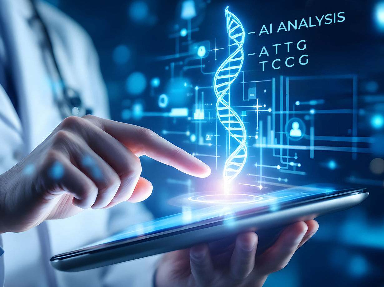 Researcher interacting with a tablet projecting a glowing DNA helix, surrounded by digital data and genetic sequences, symbolizing artificial intelligence applied to genomics.