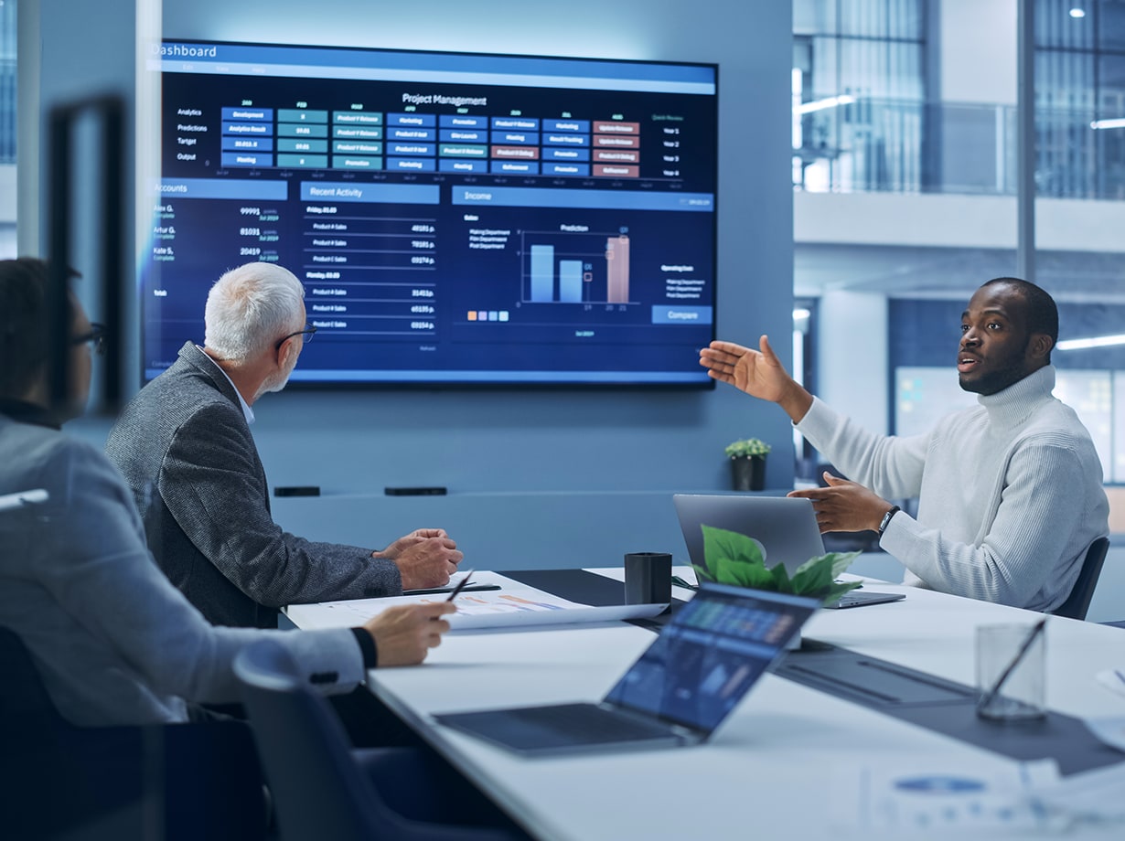 Business professionals in a conference room review a dashboard displaying financial metrics.